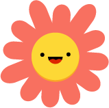 A small icon of a smiling flower with coral petals.