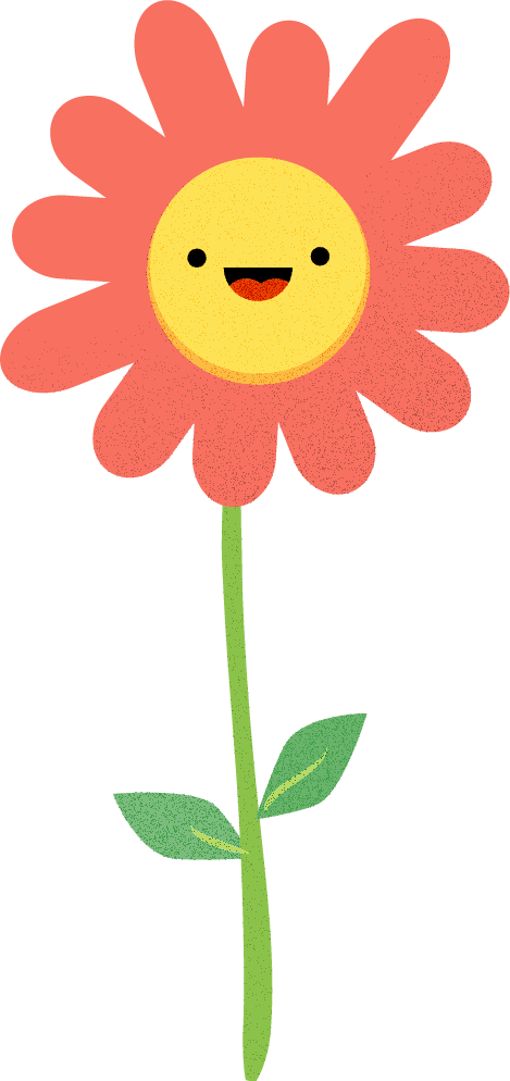 Flower with green steam, coral petals and a yellow center with a smiley face